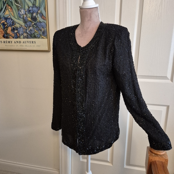 Laurence Kazar Jackets & Blazers - Laurence Kazar Elegant Black Beaded 100% Silk Jacket Blazer Size Medium